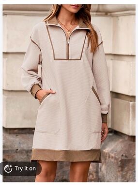 New Entro Cute cream & tan quarter zip sweatshirt dress with brown trim
